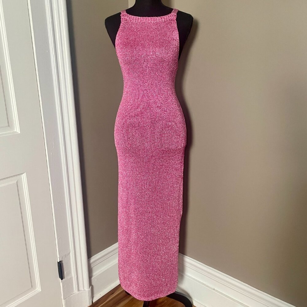 ASOS Metallic Bubblegum Pink Lace-Up Back Knit Maxi Dress US 6 Y2K (AS IS)